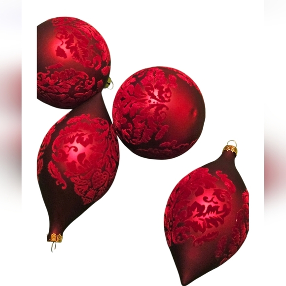 Hand Crafted Christmas Ornaments 4pc Set Red velvet upcycled ribbon Mod Podge - Picture 5 of 17